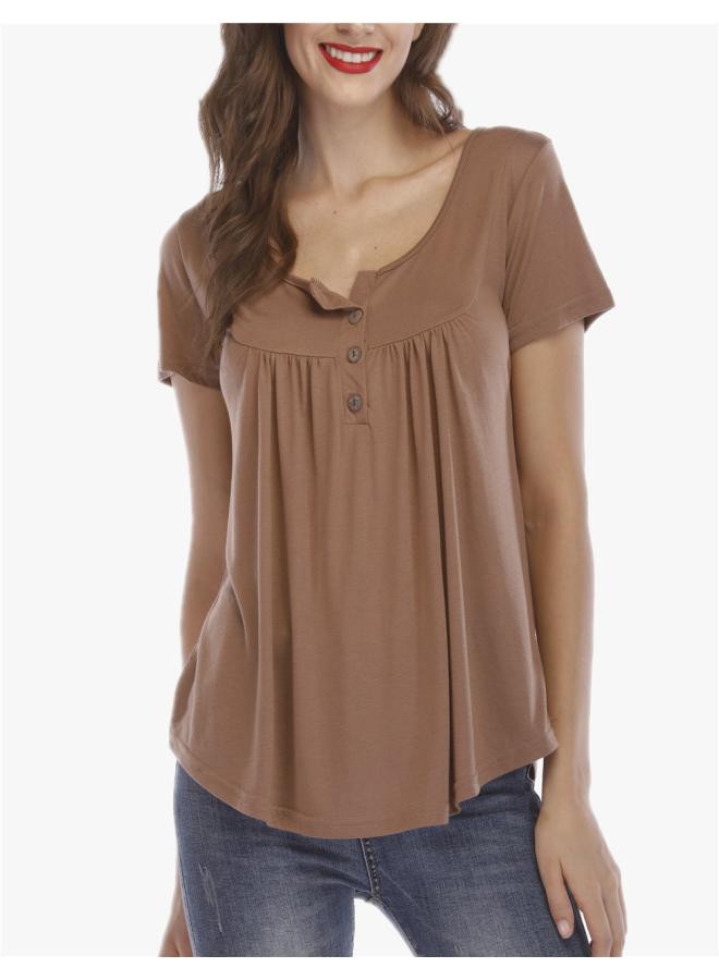 European And American Women's Clothing Pleated Button Loose Short-sleeved T-shirt Top