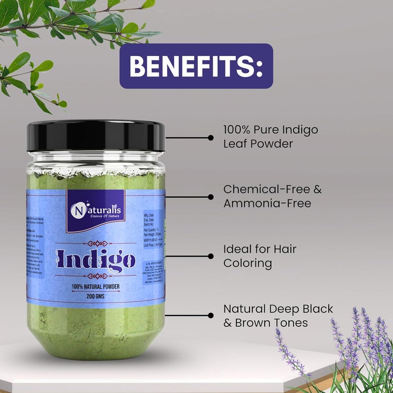 Naturalis مسحوق النيلي الطبيعي للشعر الأسود  مسحوق النيلي 200 جرام  تلوين الشعر الطبيعي  بدون ألوان مضافة  لون شعر نباتي  نابض بالحياة  مغذي - Image 3