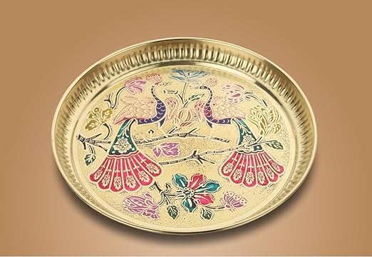 Artrust Brass Pooja Plate Puja Thali 8 Inch Arti Thali Traditional Designed Handcrafted Thal for Puja Ghar Home Office Mandir Diwali Weeding Return Gift Items Peacock Meenakari Print - Image 2
