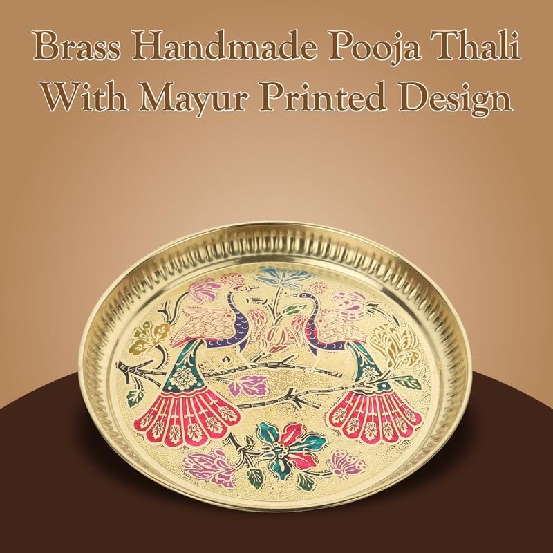 Artrust Brass Pooja Plate Puja Thali 8 Inch Arti Thali Traditional Designed Handcrafted Thal for Puja Ghar Home Office Mandir Diwali Weeding Return Gift Items Peacock Meenakari Print - Image 4