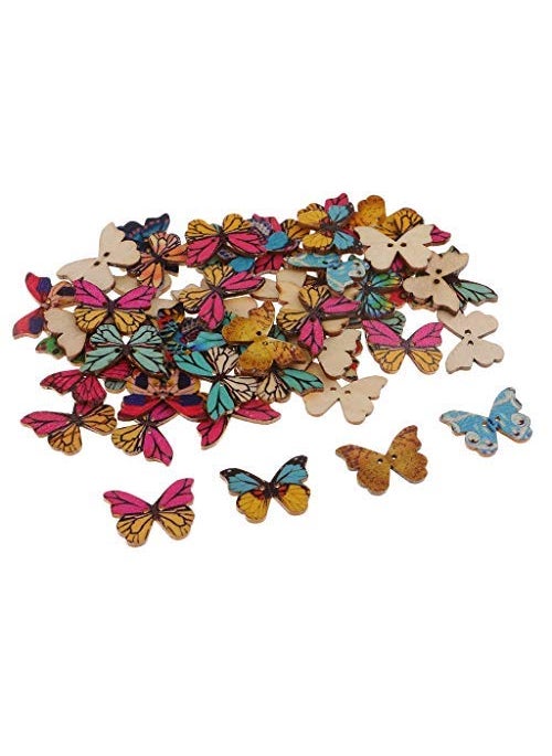 E Shopping E Shopping® Butterfly Shape Wooden Buttons 50pc Different Colors and Designs for Craft and School Projects Decoration  - Image 2