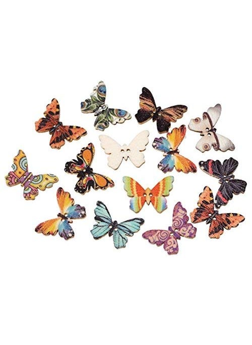 E Shopping E Shopping® Butterfly Shape Wooden Buttons 50pc Different Colors and Designs for Craft and School Projects Decoration  - Image 3