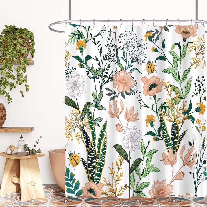 BayNook Vintage Boho Floral Shower Curtain, Green Pink Spring Summer Flower Tropical Leaves Plant Shower Curtains for Cute Fun Botanical Bathroom Decor, 72x72 - Image 1