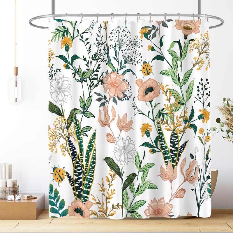 BayNook Vintage Boho Floral Shower Curtain, Green Pink Spring Summer Flower Tropical Leaves Plant Shower Curtains for Cute Fun Botanical Bathroom Decor, 72x72 - Image 3