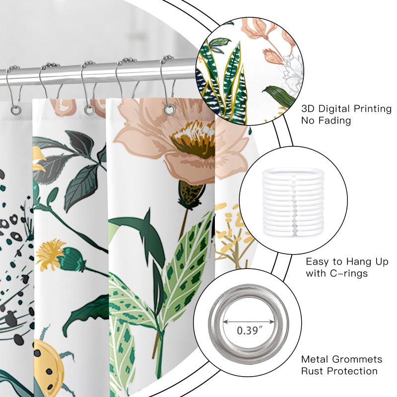 BayNook Vintage Boho Floral Shower Curtain, Green Pink Spring Summer Flower Tropical Leaves Plant Shower Curtains for Cute Fun Botanical Bathroom Decor, 72x72 - Image 5
