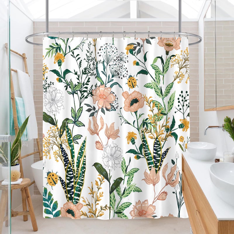 BayNook Vintage Boho Floral Shower Curtain, Green Pink Spring Summer Flower Tropical Leaves Plant Shower Curtains for Cute Fun Botanical Bathroom Decor, 72x72 - Image 2