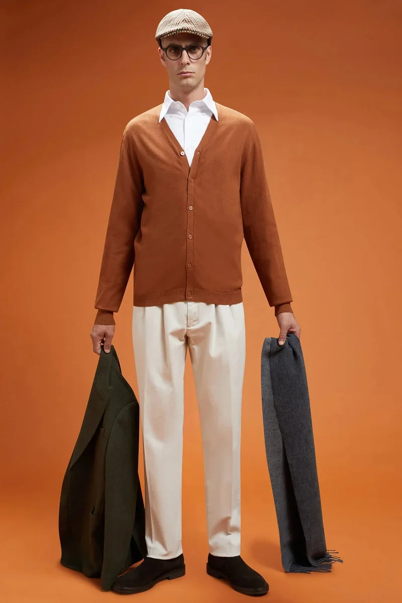 Doppelganger Grey Men's regular fit V-neck cardigan in wool and cotton - Anthracite for Men | Best Price UAE