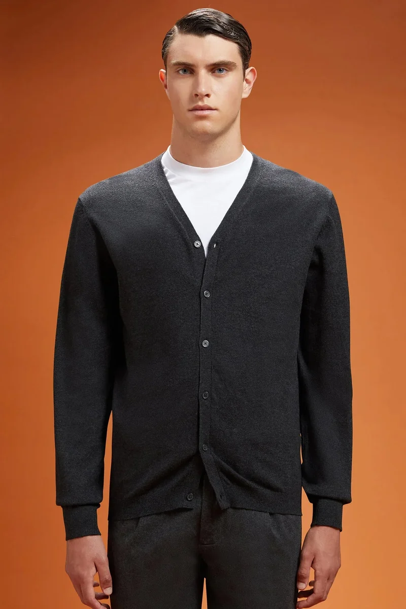 Doppelganger Men's regular fit V-neck cardigan in wool and cotton - Anthracite
