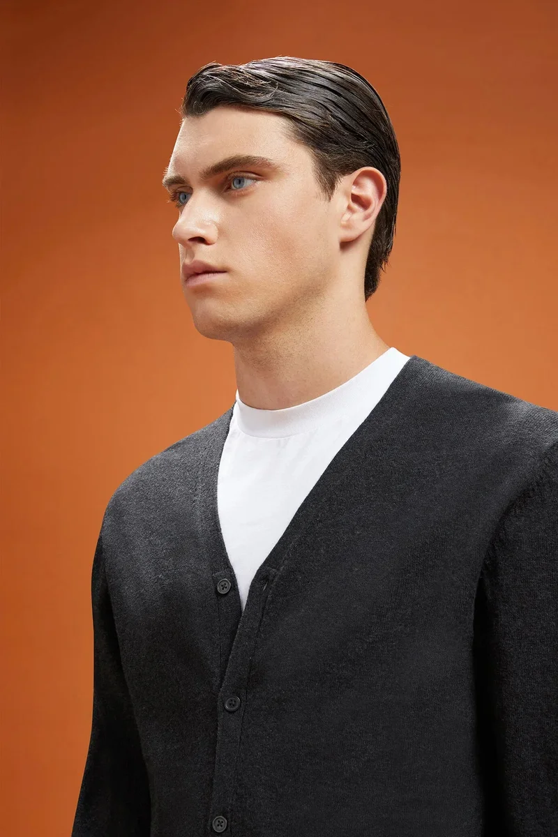 Doppelganger Grey Men's regular fit V-neck cardigan in wool and cotton - Anthracite for Men | Best Price UAE