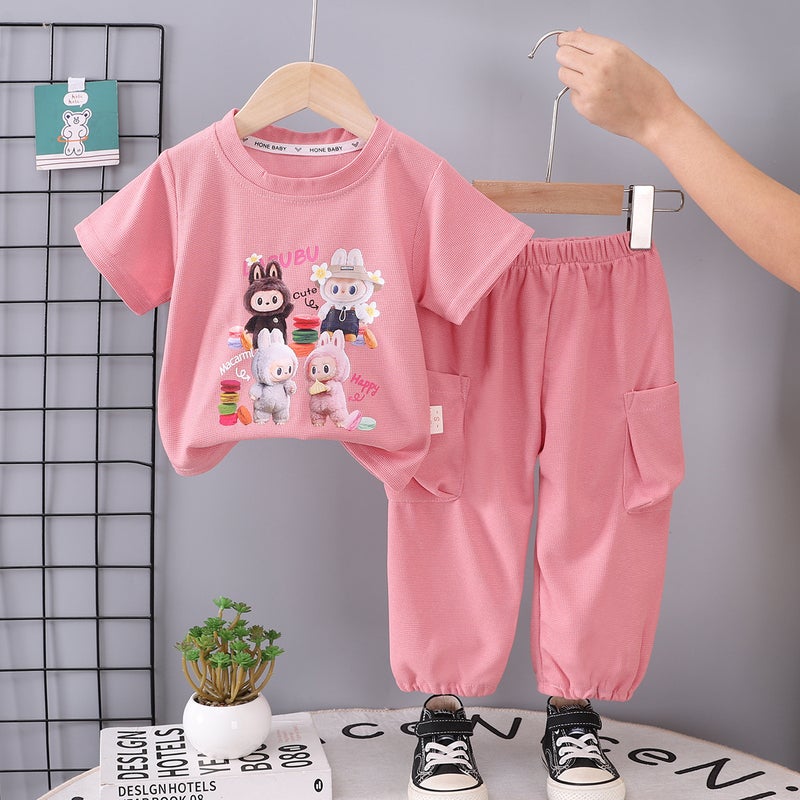 Cross-border special girls pull cloth short sleeve suit 25 summer new T-shirt LABUBU pants two-piece foreign trade Pink