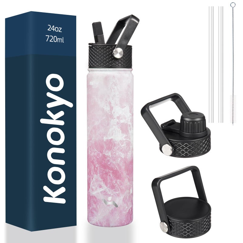 Konokyo Insulated Water Bottle 24oz Stainless Steel Sport Bottles with 3 LidsMarble Blossom