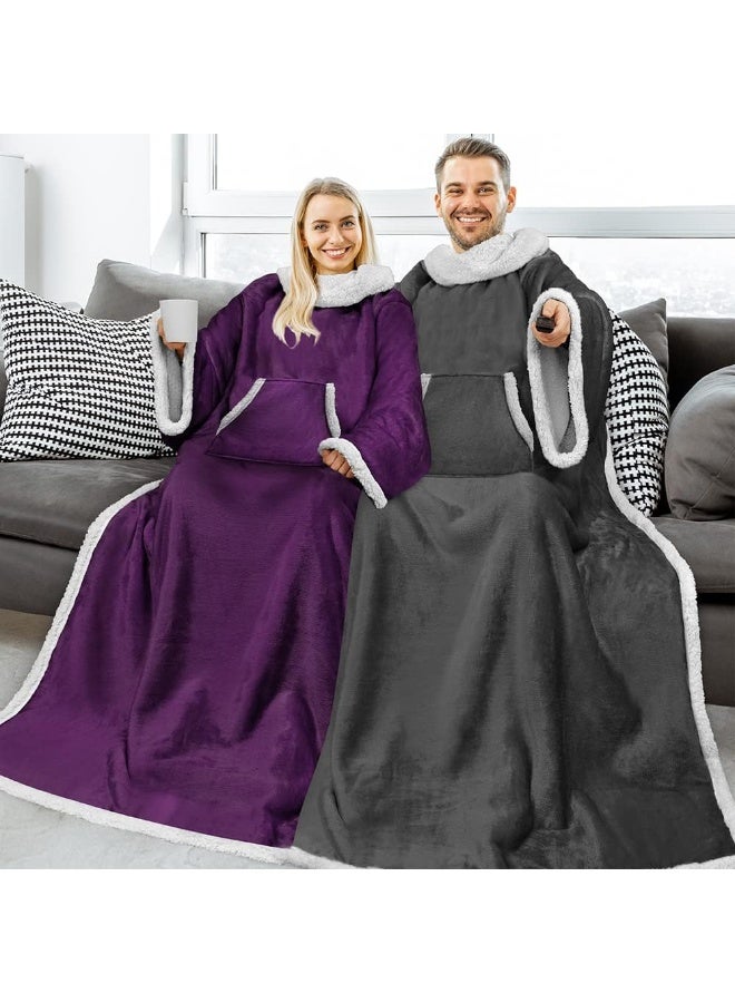 PAVILIA PAVILIA Sherpa Wearable Blanket with Sleeves and Pocket Plush Thick Cozy Body Blanket Wrap for Adult Women Men Christmas Gift for Wife Mom Dark Grey  - Image 3