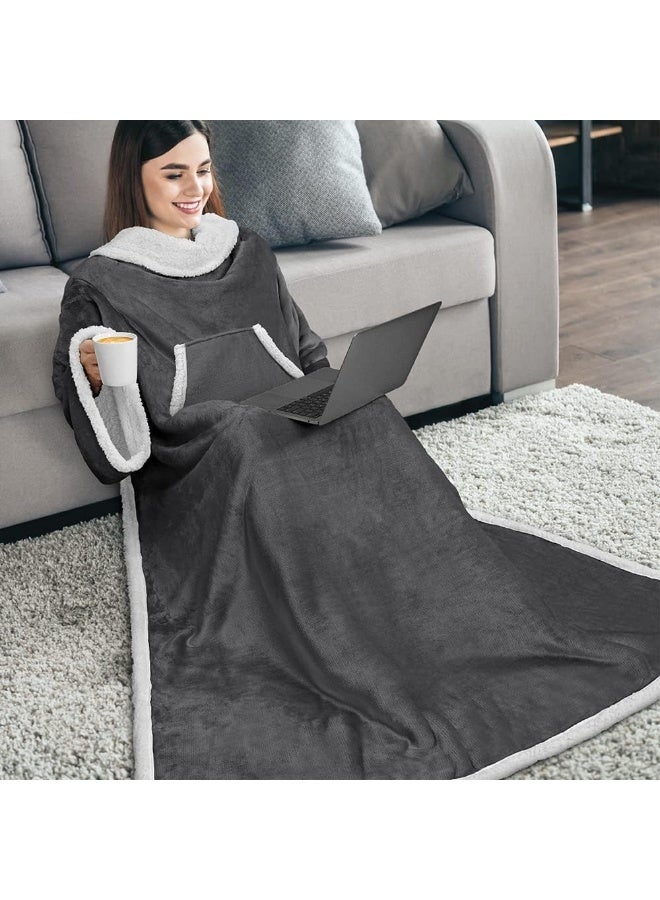PAVILIA PAVILIA Sherpa Wearable Blanket with Sleeves and Pocket Plush Thick Cozy Body Blanket Wrap for Adult Women Men Christmas Gift for Wife Mom Dark Grey  - Image 2