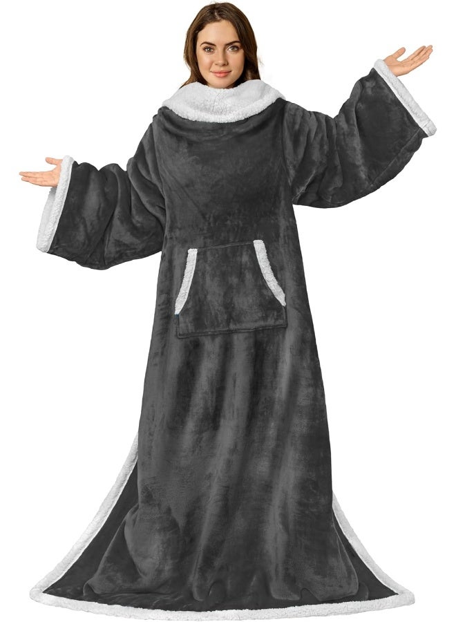 PAVILIA PAVILIA Sherpa Wearable Blanket with Sleeves and Pocket Plush Thick Cozy Body Blanket Wrap for Adult Women Men Christmas Gift for Wife Mom Dark Grey  - Image 5