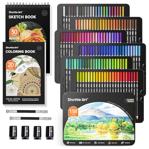Shuttle Art 138 Colors Professional Colored Pencils, Soft Core Coloring Pencils Set with 1 Coloring Book,1 Sketch Pad, 4 Sharpener, 2 Pencil Extender, Perfect for Artists Kids Adults, Drawing - Image 1