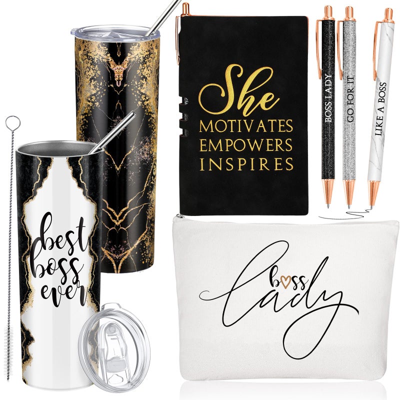 Domensi 6 Pcs Best Boss Gift Set Thank You for Women Lady Appreciation Day Gift 20oz Rustic Marble Sign Tumbler Makeup Bag A6 Notepad with Ballpoints Boss Day Office LeaderBlack