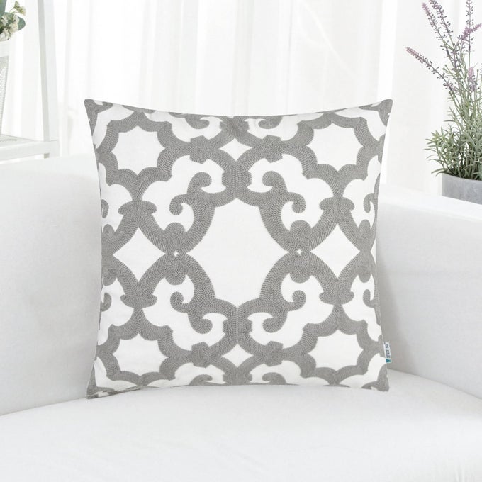 GREY GRAY DECORATIVE THROW PILLOW COVERS 18X18 INCH 1 PIECE EMBROIDERED COTTON FARMHOUSE CUSHION COVER PILLOW CASE FOR SOFA COUCH LIVING ROOM BED GEOMETRIC