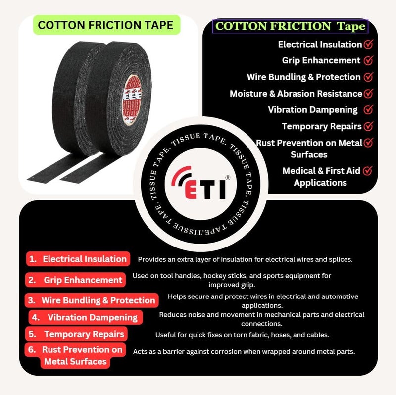 ETI شريط احتكاك قطن/شريط عزل أسود 18 مم × 18 متر 1 لفة - Image 3
