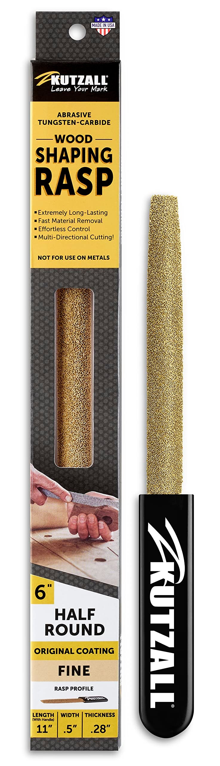 Kutzall Kutzall Original 6" Half-Round Hand Rasp - Fine, Wood Rasp/File for Woodworking & Shaping, W/Ergonomic Soft Grip Handle, Abrasive Tungsten Carbide Coating - 11" (279.4mm) Overall Length - HR6170  - Image 1