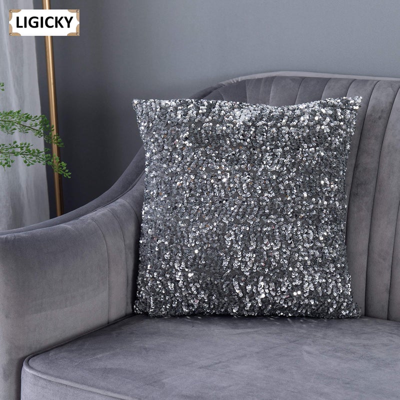 LIGICKY Luxury Series Glitzy Sequin Throw Pillow Covers Sparkling Decorative Glam Glitter Square Cushion Cover Pillow Cases for Sofa Couch Bedroom Home Party Decor (18 x 18 Inches, Silvery Grey) - Image 2