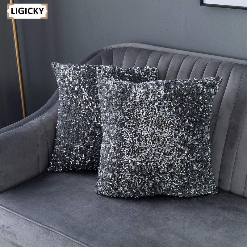 LIGICKY Luxury Series Glitzy Sequin Throw Pillow Covers Sparkling Decorative Glam Glitter Square Cushion Cover Pillow Cases for Sofa Couch Bedroom Home Party Decor (18 x 18 Inches, Silvery Grey) - Image 3