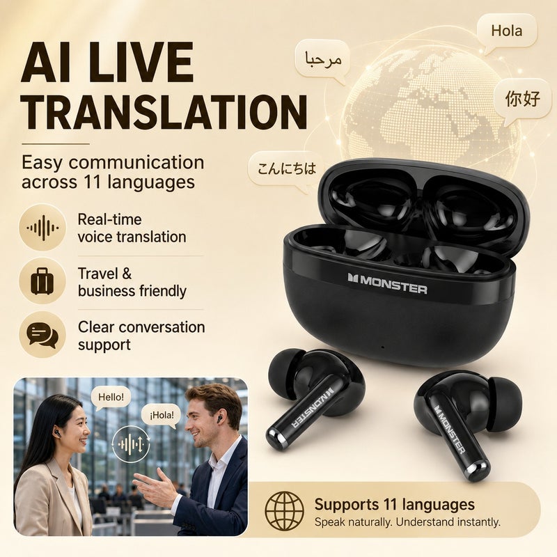 Monster Wireless Bluetooth 6.0 Earbuds with AI Live Translation, In-Ear True Wireless Earphones, HiFi Stereo Sound, Smart Touch Control, Long Battery Life Charging Case for Travel, Work, Calls and Music - Image 2