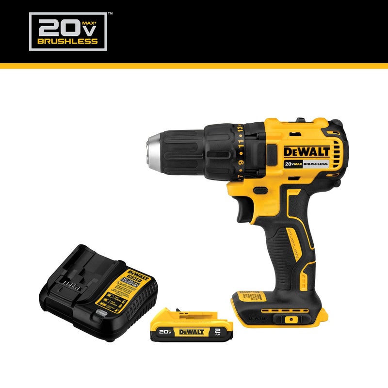 DEWALT مجموعة مثقاب كهربائي لاسلكي DEWALT 20V MAX، مثقاب كهربائي، بدون فرش 1/2 بوصة بسرعتين، بطارية 2.0 Ah وشاحن متضمن، ضوء LED (DCD777D1) - Image 2