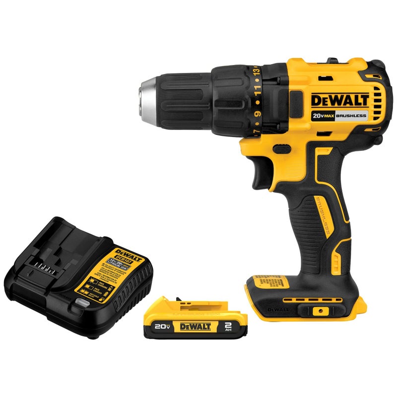 DEWALT مجموعة مثقاب كهربائي لاسلكي DEWALT 20V MAX، مثقاب كهربائي، بدون فرش 1/2 بوصة بسرعتين، بطارية 2.0 Ah وشاحن متضمن، ضوء LED (DCD777D1) - Image 1