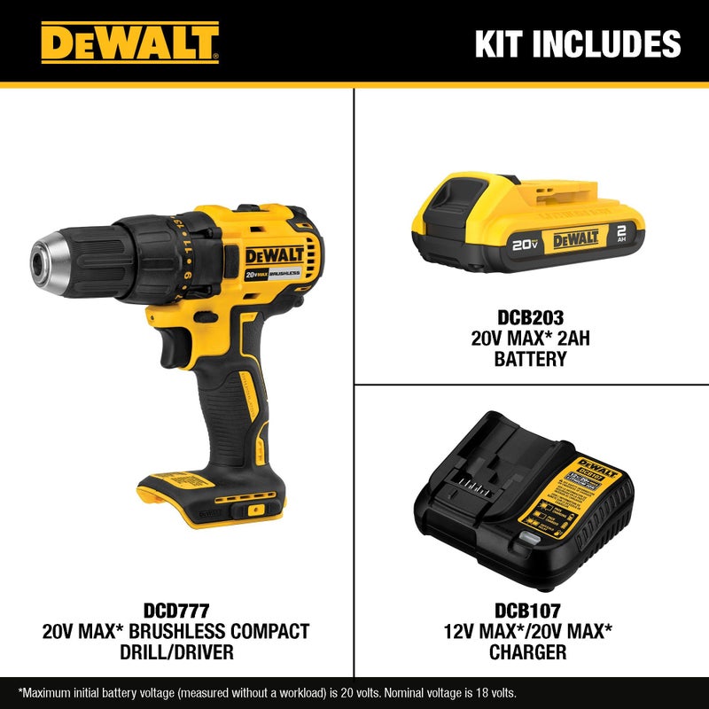 DEWALT مجموعة مثقاب كهربائي لاسلكي DEWALT 20V MAX، مثقاب كهربائي، بدون فرش 1/2 بوصة بسرعتين، بطارية 2.0 Ah وشاحن متضمن، ضوء LED (DCD777D1) - Image 3