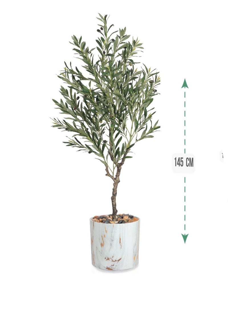 co arma 145cm tall artificial olive tree with a plastic trunk and olive leaves. Comes in a white plastic stand with an elegant marble pattern. 