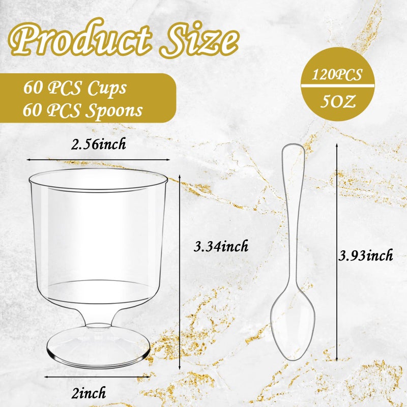 Alaeseje 120 Pcs Dessert Cups with Spoons,60 Pcs 5 OZ Mini Clear Plastic Parfait Cup with 60 Pcs Spoons,Disposable Appetizer Bowl Round Serving Goblet Cup Wine Shot for Fruit,Ice Cream,Mousse Pudding - Image 2