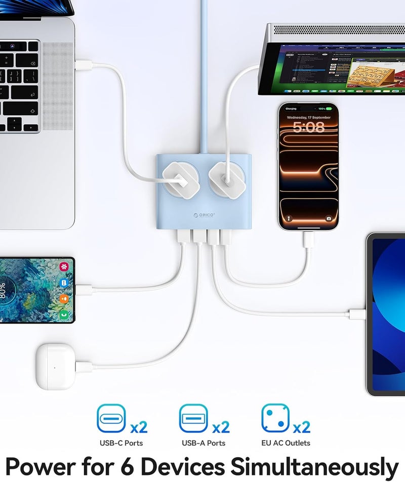 ORICO PD 20W Extension Lead with USB Slots, 2 Way Extension Socket with 2 USB C and 2 USB A, 1.6m Extension Cable, 13A 3250W Desk Power Strip for Bedroom Office Accessories-Blue - Image 3