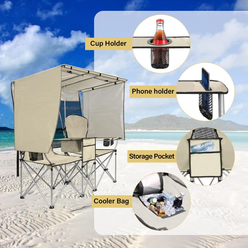 BESTHLS Double Camping Chair with Canopy Shade - Heavy Duty 600D Outdoor Loveseat for Adults, 2-Person Beach Chair with Umbrella, Folding Camp Loveseat for Fishing, Sports, Patio (White) - Image 3