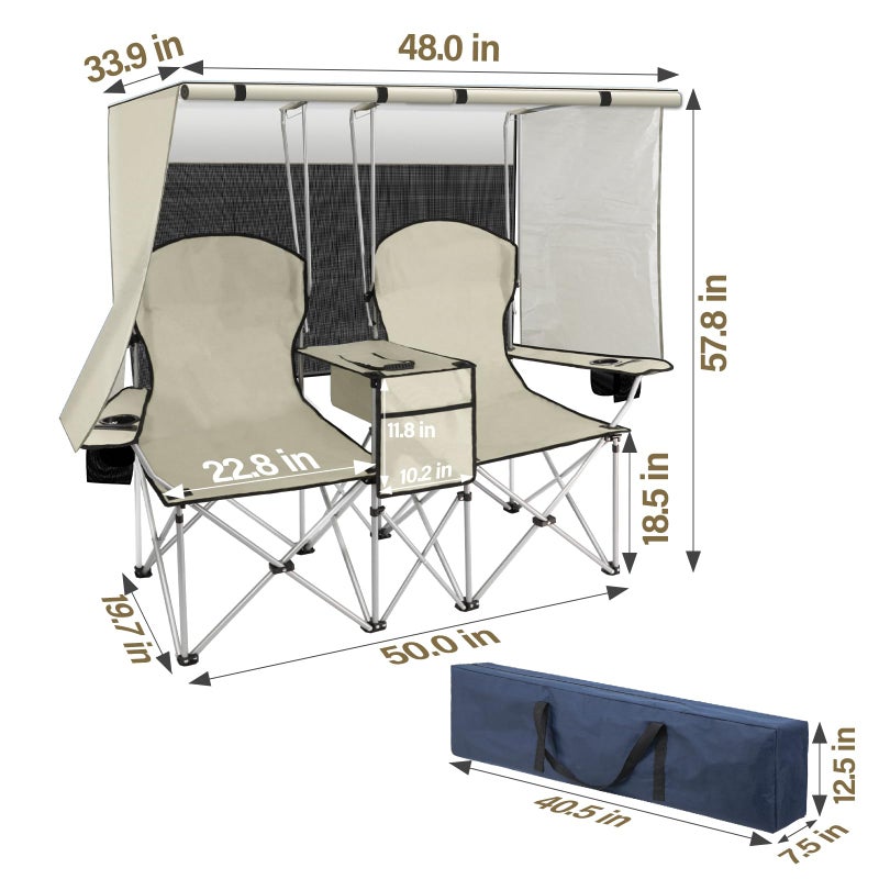 BESTHLS Double Camping Chair with Canopy Shade - Heavy Duty 600D Outdoor Loveseat for Adults, 2-Person Beach Chair with Umbrella, Folding Camp Loveseat for Fishing, Sports, Patio (White) - Image 2