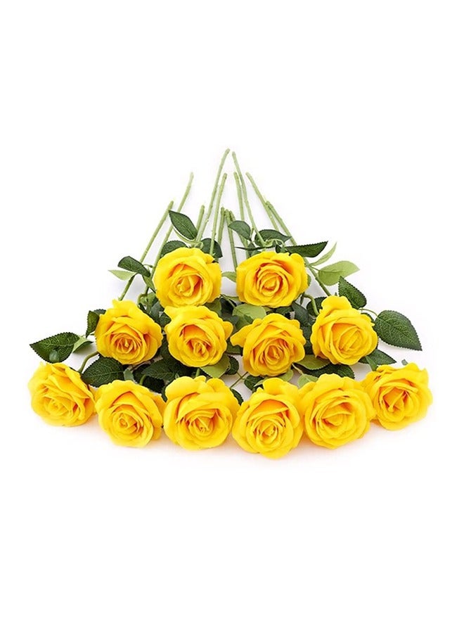 12-Piece Artificial Roses Silk Bridal Wedding Bouquet Realistic Flower Yellow/Green - Image 1