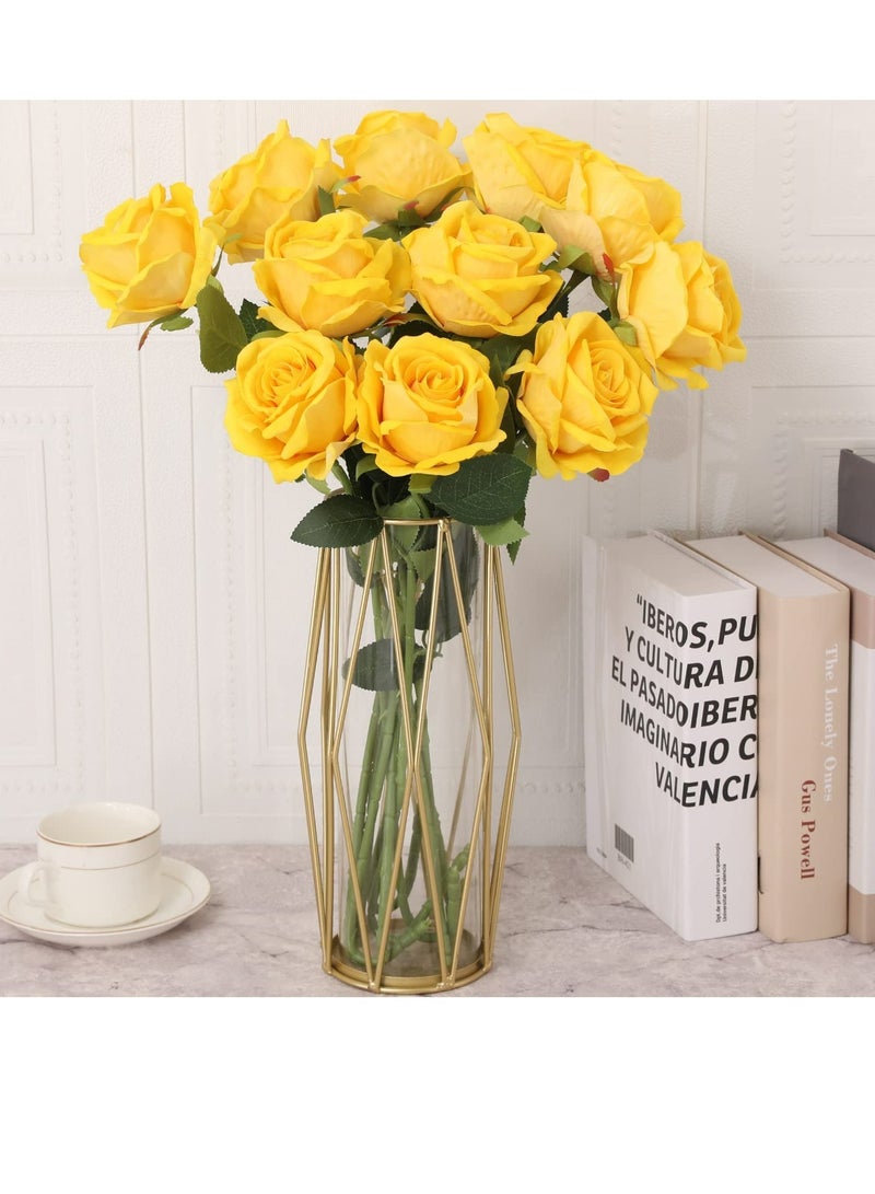12-Piece Artificial Roses Silk Bridal Wedding Bouquet Realistic Flower Yellow/Green - Image 2