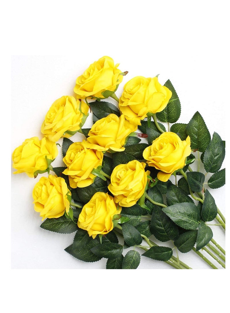 12-Piece Artificial Roses Silk Bridal Wedding Bouquet Realistic Flower Yellow/Green - Image 3