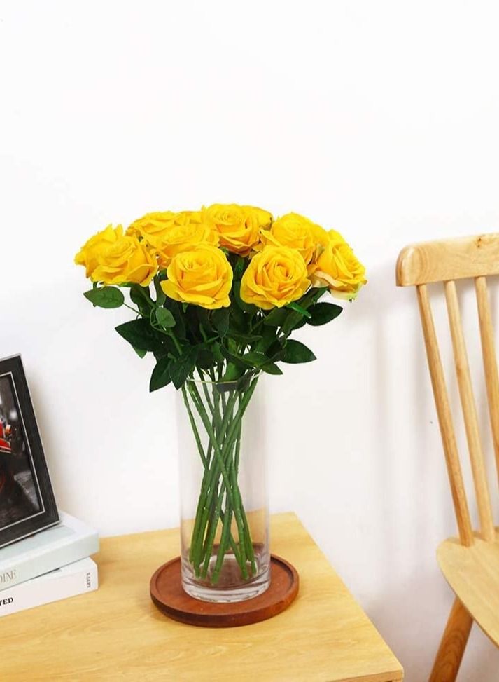 12-Piece Artificial Roses Silk Bridal Wedding Bouquet Realistic Flower Yellow/Green - Image 4