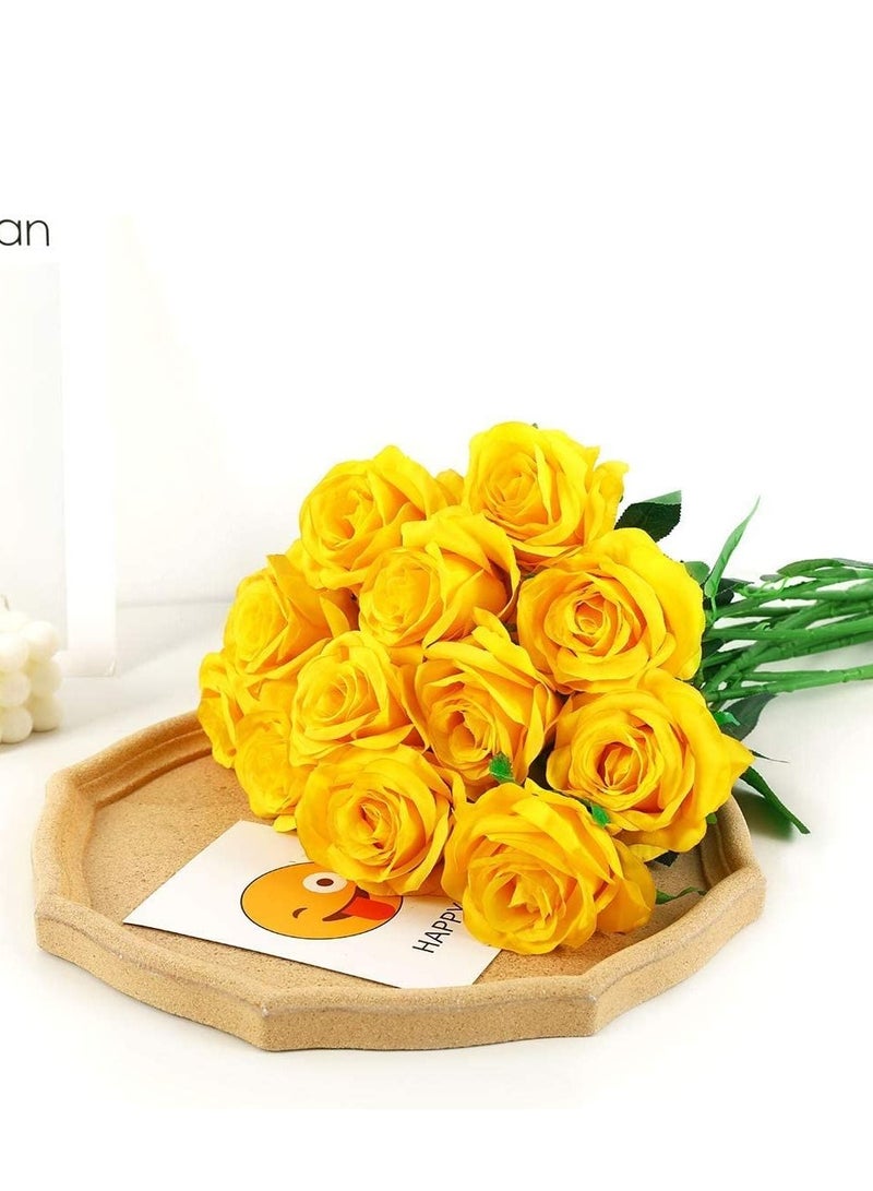 12-Piece Artificial Roses Silk Bridal Wedding Bouquet Realistic Flower Yellow/Green - Image 5