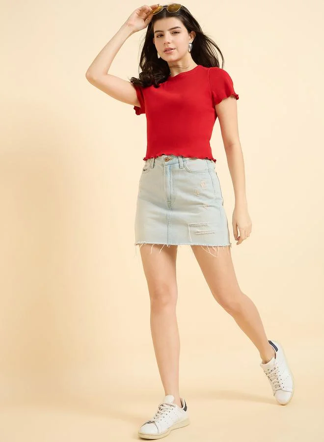 Outzidr  Red Scallop Hem Ribbed Top for Women | Best Price UAE