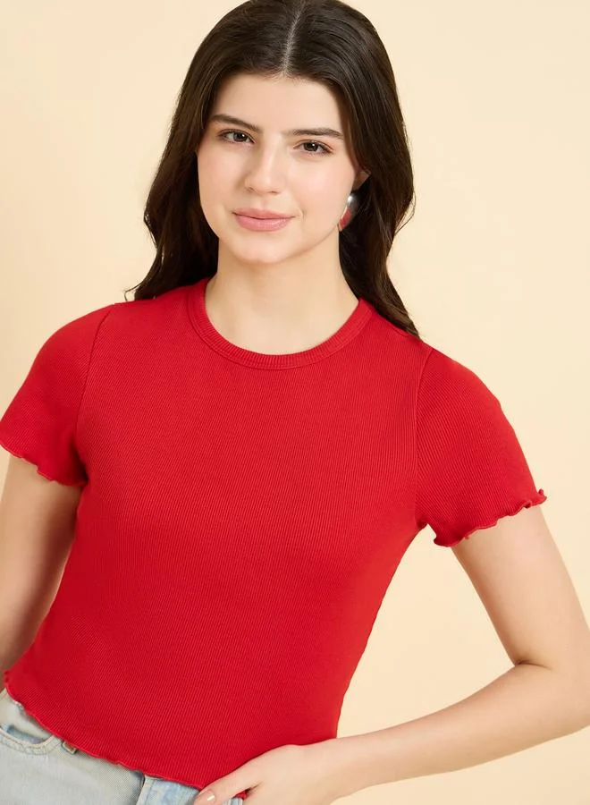 Outzidr  Red Scallop Hem Ribbed Top for Women | Best Price UAE