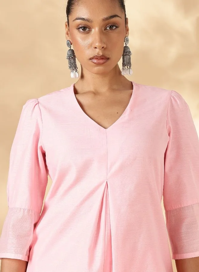 Abhishti Box Pleat solid pink Kurta with knife pleat salwar pants