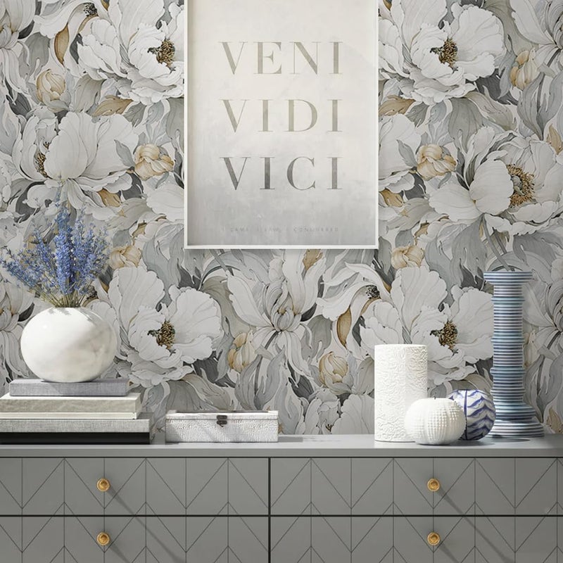 MuralPeel White Poppies Floral Modern Grey Peonies Flowers Peel and Stick Wallpaper Self Adhesive Removable Easy Peel Off Stick on Wall Paper for Bedroom Renter - Image 4