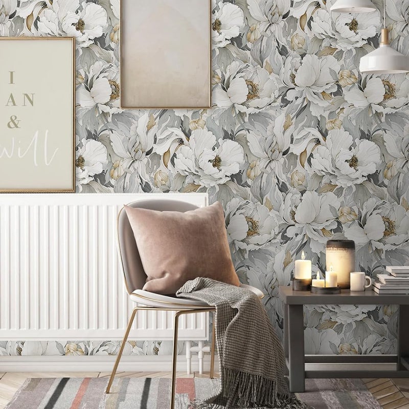 MuralPeel White Poppies Floral Modern Grey Peonies Flowers Peel and Stick Wallpaper Self Adhesive Removable Easy Peel Off Stick on Wall Paper for Bedroom Renter - Image 2