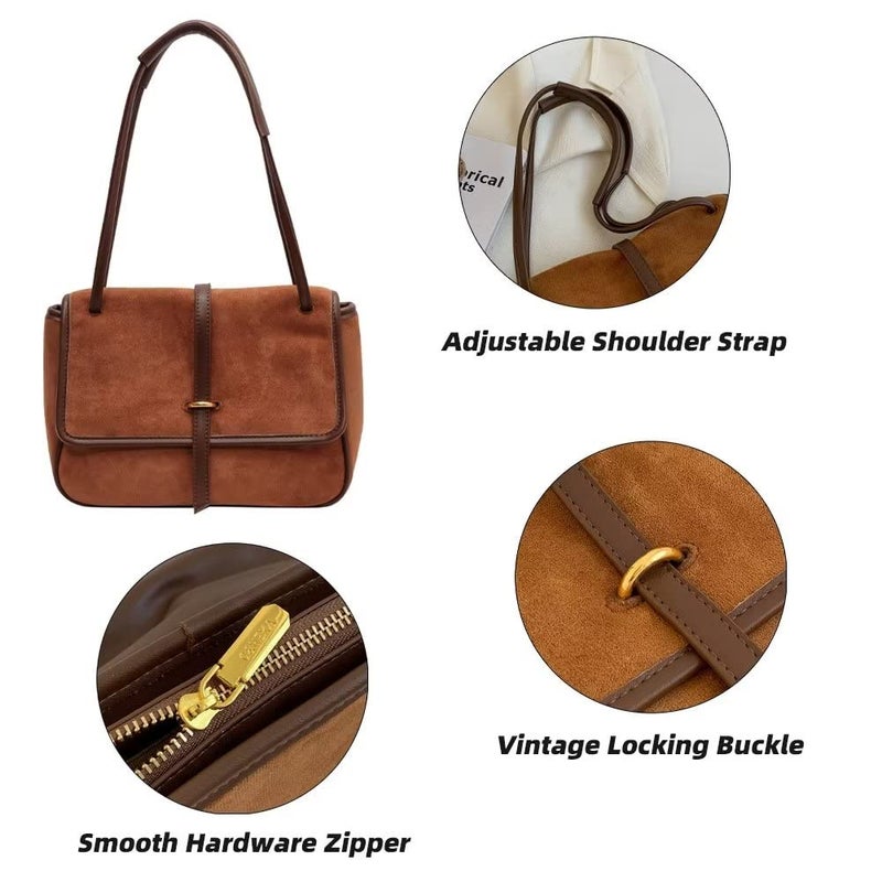 Mudono Handbags for Women Soft Suede Tote Bag Spacious Square Shoulder Purse Vintage Crossbody Messenger Satchel - Image 4