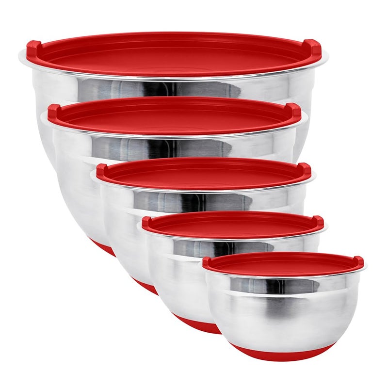 Fitzroy and Fox Stainless Steel Mixing Bowls with Lids and Non Slip Bases (Set of 5, Red) - Image 1