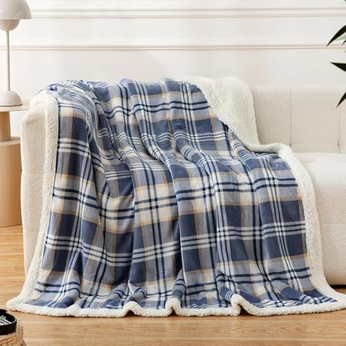 PU MEI Sherpa Blanket Queen Plaid Thick Bed Blanket, 80”*90” Super Soft Flannel Fuzzy Fleece Reversible Velvet Plush Warm Blanket for Couch (Blue White Check) - Image 1
