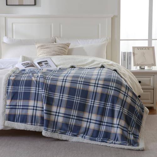 PU MEI Sherpa Blanket Queen Plaid Thick Bed Blanket, 80”*90” Super Soft Flannel Fuzzy Fleece Reversible Velvet Plush Warm Blanket for Couch (Blue White Check) - Image 3