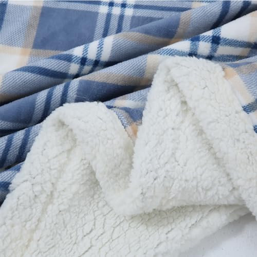 PU MEI Sherpa Blanket Queen Plaid Thick Bed Blanket, 80”*90” Super Soft Flannel Fuzzy Fleece Reversible Velvet Plush Warm Blanket for Couch (Blue White Check) - Image 4