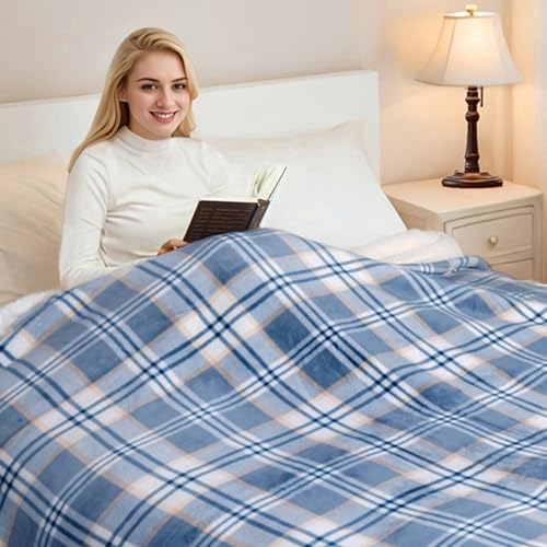 PU MEI Sherpa Blanket Queen Plaid Thick Bed Blanket, 80”*90” Super Soft Flannel Fuzzy Fleece Reversible Velvet Plush Warm Blanket for Couch (Blue White Check) - Image 5